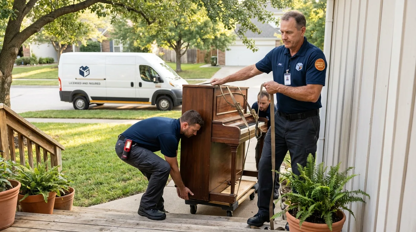 Licensed piano movers securing grand piano in Loma Linda, CA