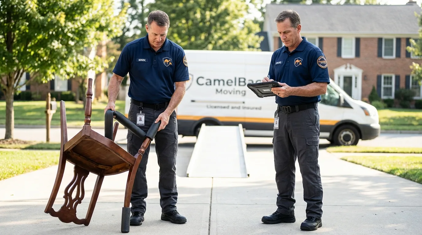 Movers inspecting furniture for damage prevention before loading in Loma Linda, CA