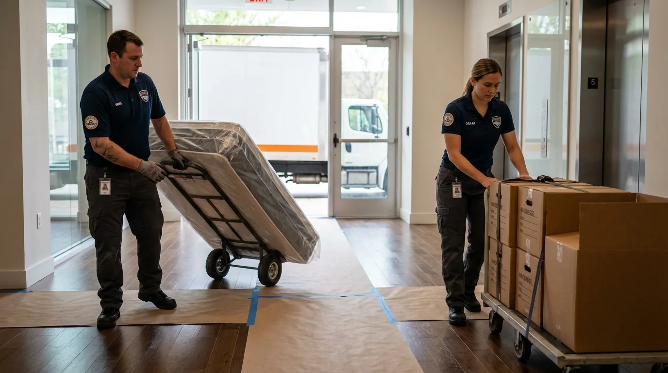Professional apartment movers loading elevator in Loma Linda, CA