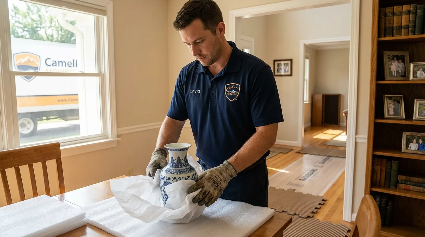 Professional crew carefully wrapping antique vase for senior downsizing move in Loma Linda, CA